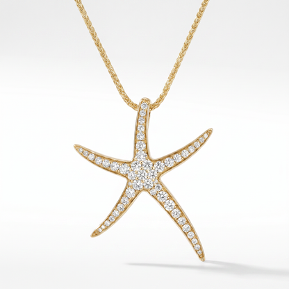 14K Gold Diamond Starfish Pendant - 1.5" Statement Piece