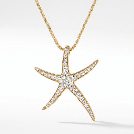 14K Gold Diamond Starfish Pendant - 1.5" Statement Piece