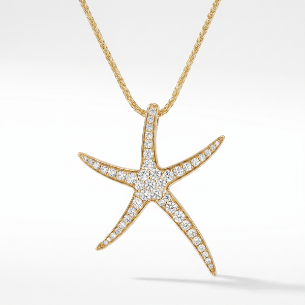 14K Gold Diamond Starfish Pendant - 1.5" Statement Piece