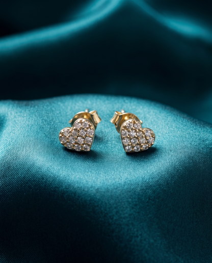 14K Yellow Gold Pave Diamond Heart Stud Earrings