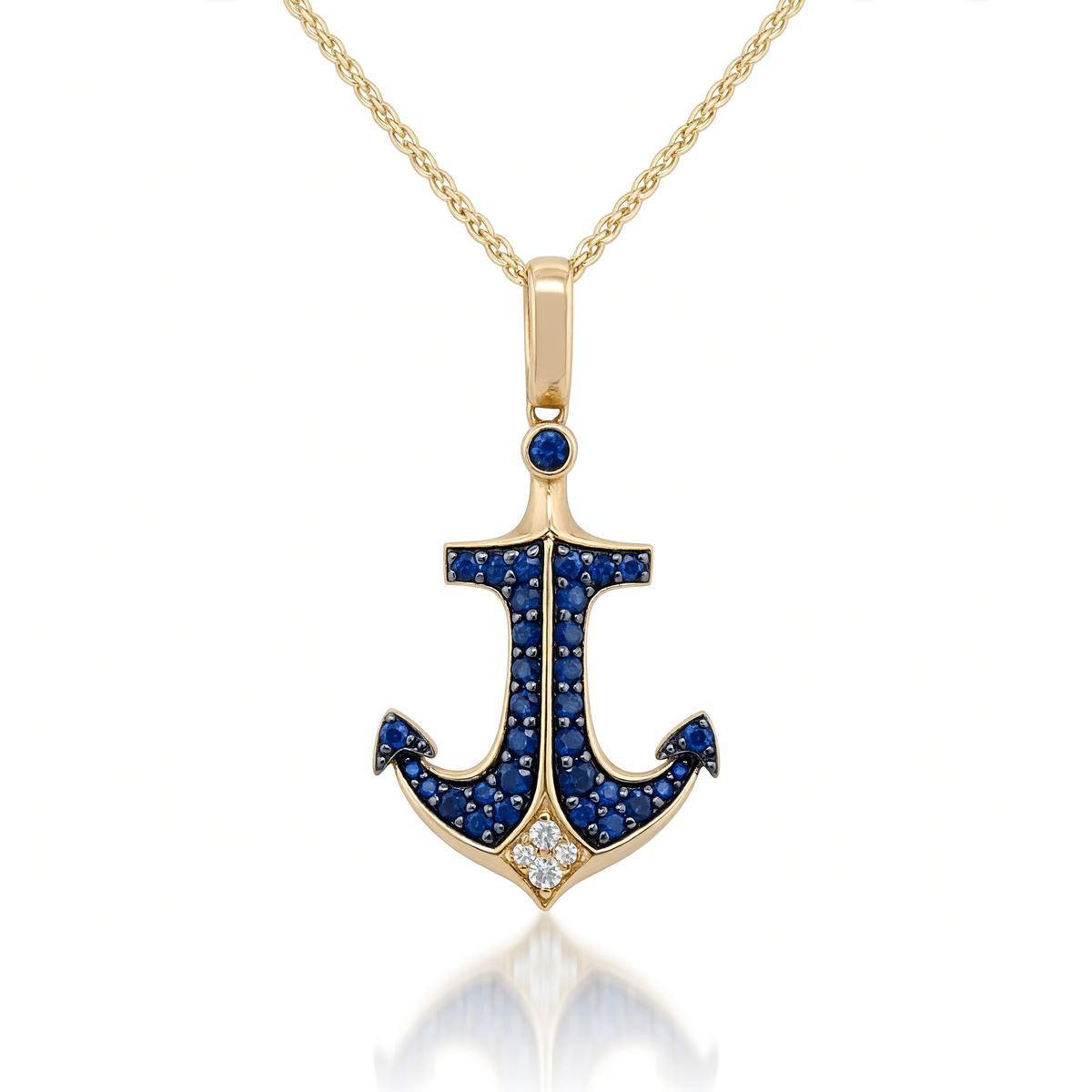 14K Yellow Gold EFFY Sapphire Diamond Anchor Pendant