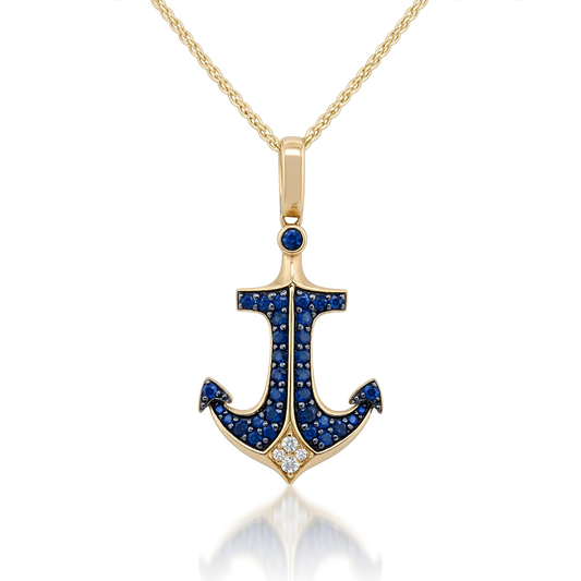 14K Yellow Gold EFFY Sapphire Diamond Anchor Pendant
