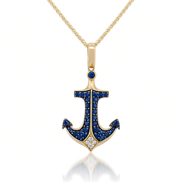 14K Yellow Gold EFFY Sapphire Diamond Anchor Pendant