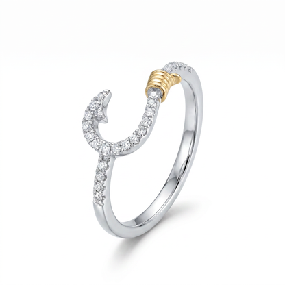 14K Yellow Gold Diamond Fish Hook Ring - Size 7