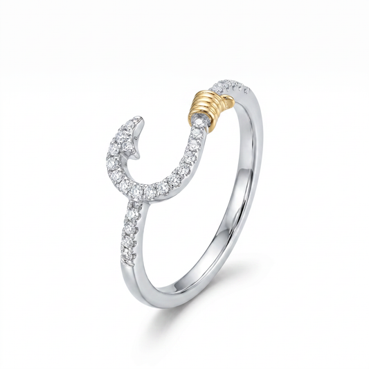 14K Yellow Gold Diamond Fish Hook Ring - Size 7