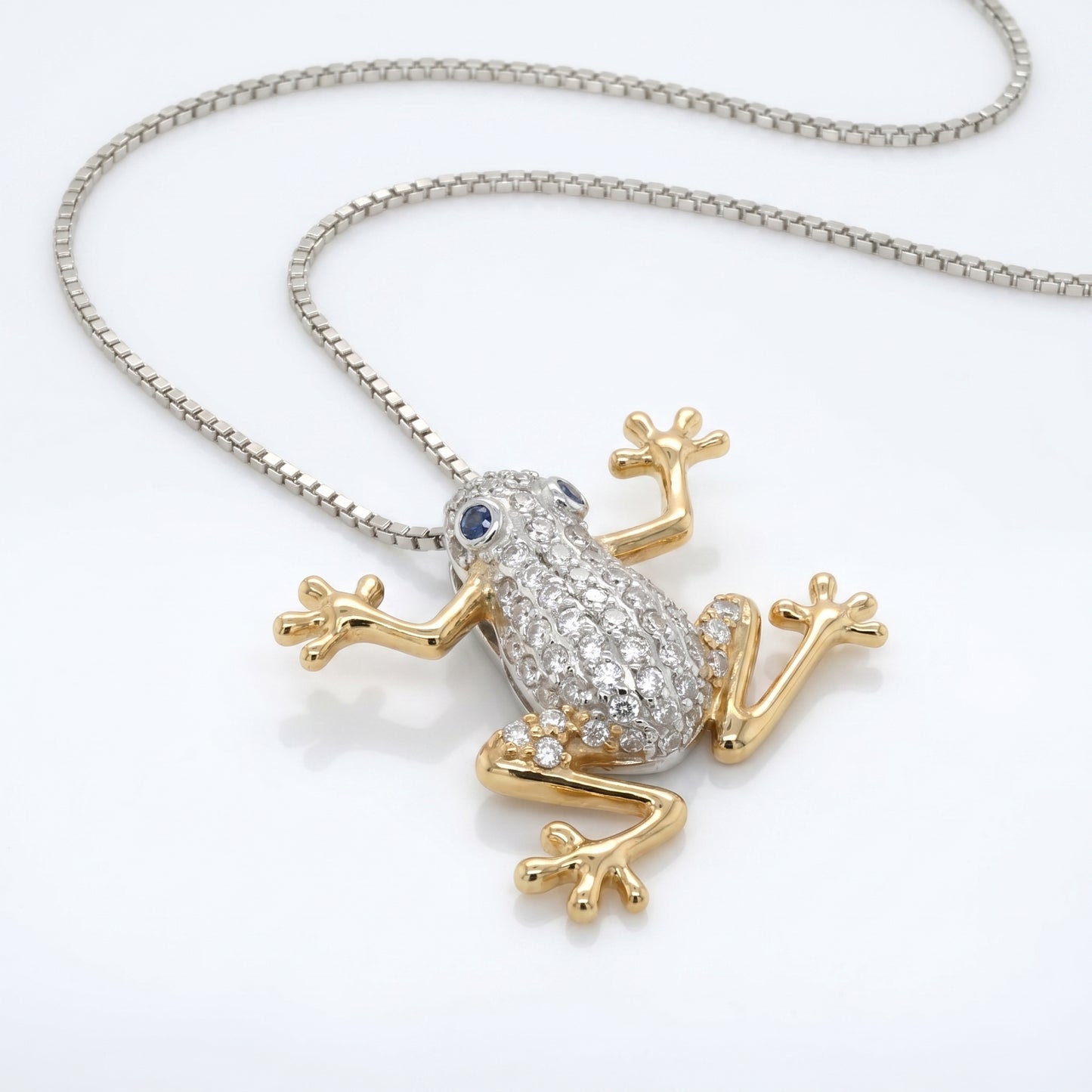 14K White & Yellow Gold Diamond Frog Pendant with Sapphire Eyes