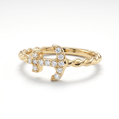 14K Yellow Gold Petite Diamond Anchor Ring - Size 7