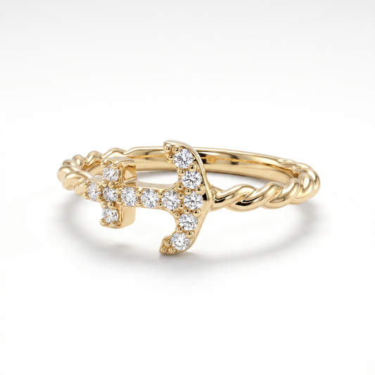 14K Yellow Gold Petite Diamond Anchor Ring - Size 7