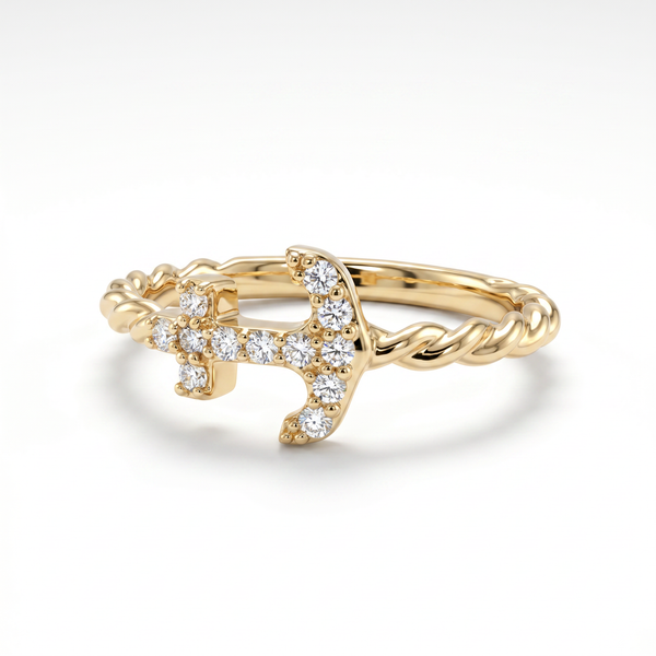 14K Yellow Gold Petite Diamond Anchor Ring - Size 7