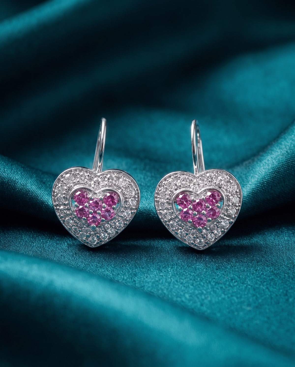 14K White Gold Pink Sapphire & Diamond Heart Drop Earrings