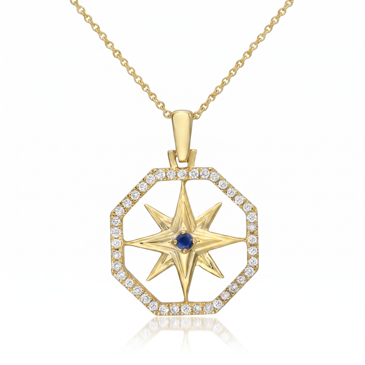 14K Yellow Gold Compass Rose Diamond Sapphire Pendant Necklace