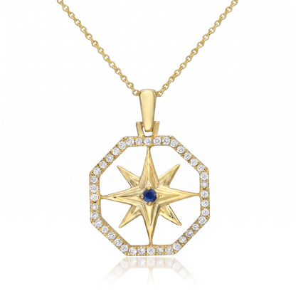 14K Yellow Gold Compass Rose Diamond Sapphire Pendant Necklace