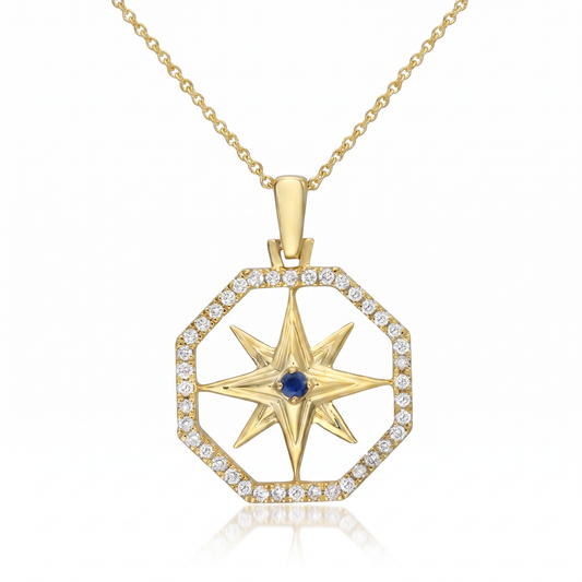 14K Yellow Gold Compass Rose Diamond Sapphire Pendant Necklace