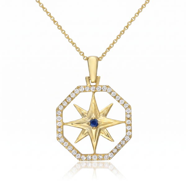 14K Yellow Gold Compass Rose Diamond Sapphire Pendant Necklace