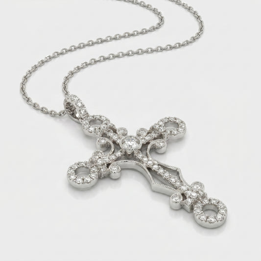 18K White Gold Diamond Cross Pendant with 14K Chain - 0.84ctw