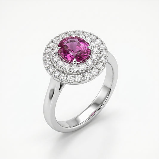 18K White Gold Pink Sapphire & Diamond Halo Ring