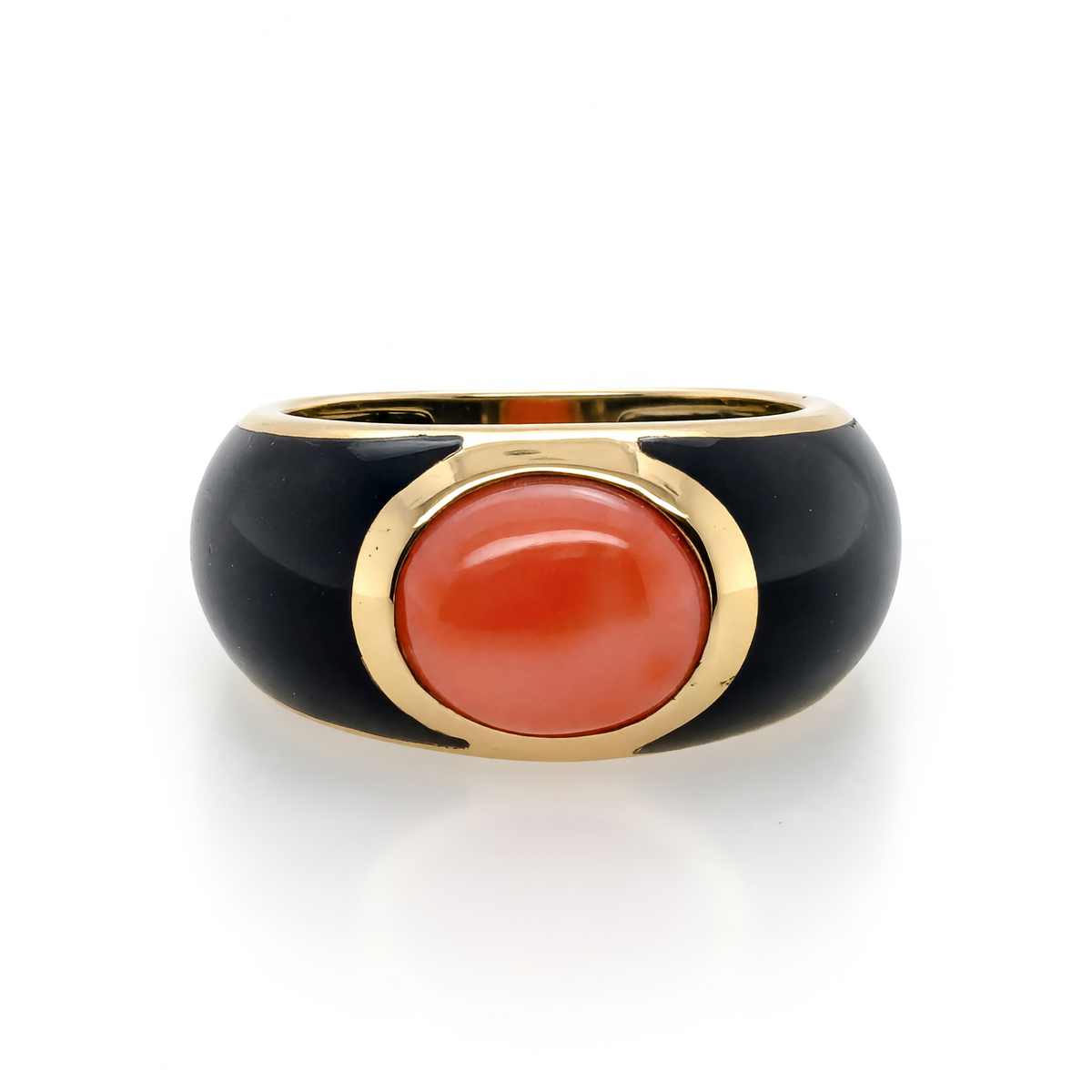 14K Yellow Gold Coral and Black Onyx Ring for Women