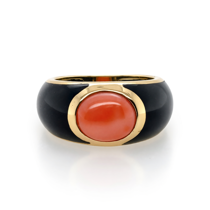 14K Yellow Gold Coral and Black Onyx Ring for Women
