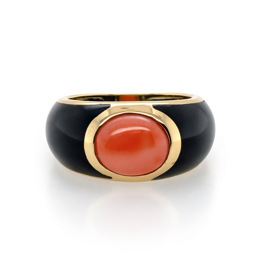 14K Yellow Gold Coral and Black Onyx Ring for Women