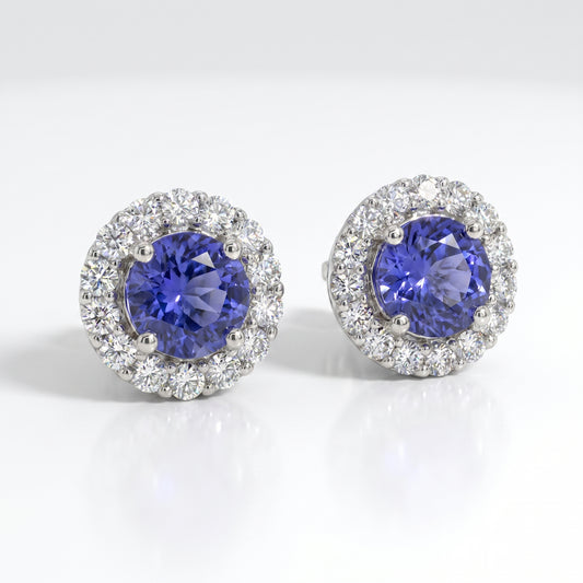 18K White Gold Tanzanite & Diamond Halo Stud Earrings
