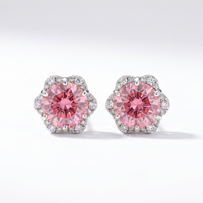 18K White Gold Pink Diamond Stud Earrings with Halo - 0.85ctw