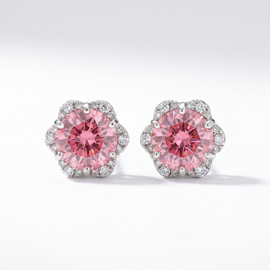 18K White Gold Pink Diamond Stud Earrings with Halo - 0.85ctw