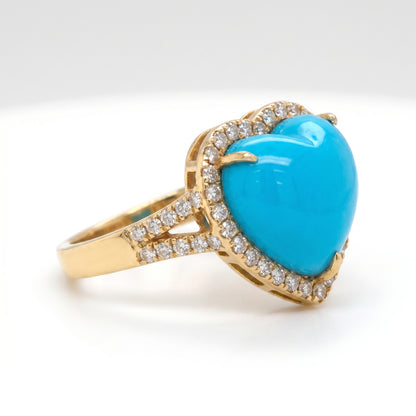 18K Yellow Gold Turquoise Heart Cabochon Diamond Halo Ring