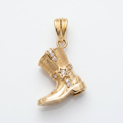 14K Yellow Gold Cowboy Boot Pendant with Cubic Zirconia