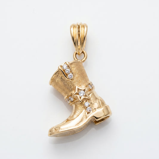 14K Yellow Gold Cowboy Boot Pendant with Cubic Zirconia