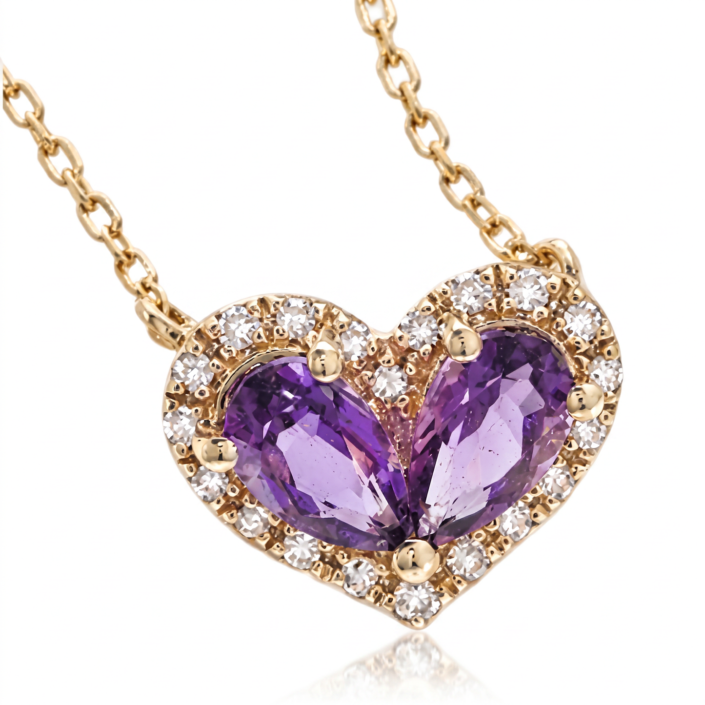 14K Yellow Gold Amethyst & Diamond Heart Pendant with 18" Chain