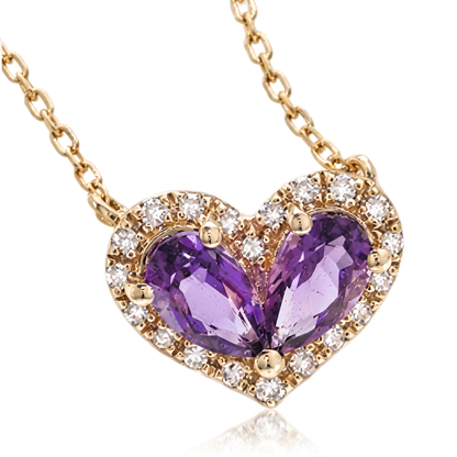 14K Yellow Gold Amethyst & Diamond Heart Pendant with 18" Chain