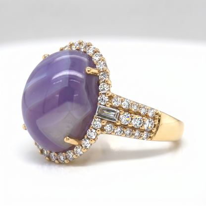 18K Yellow Gold Grapesicle Chalcedony & Diamond Halo Ring