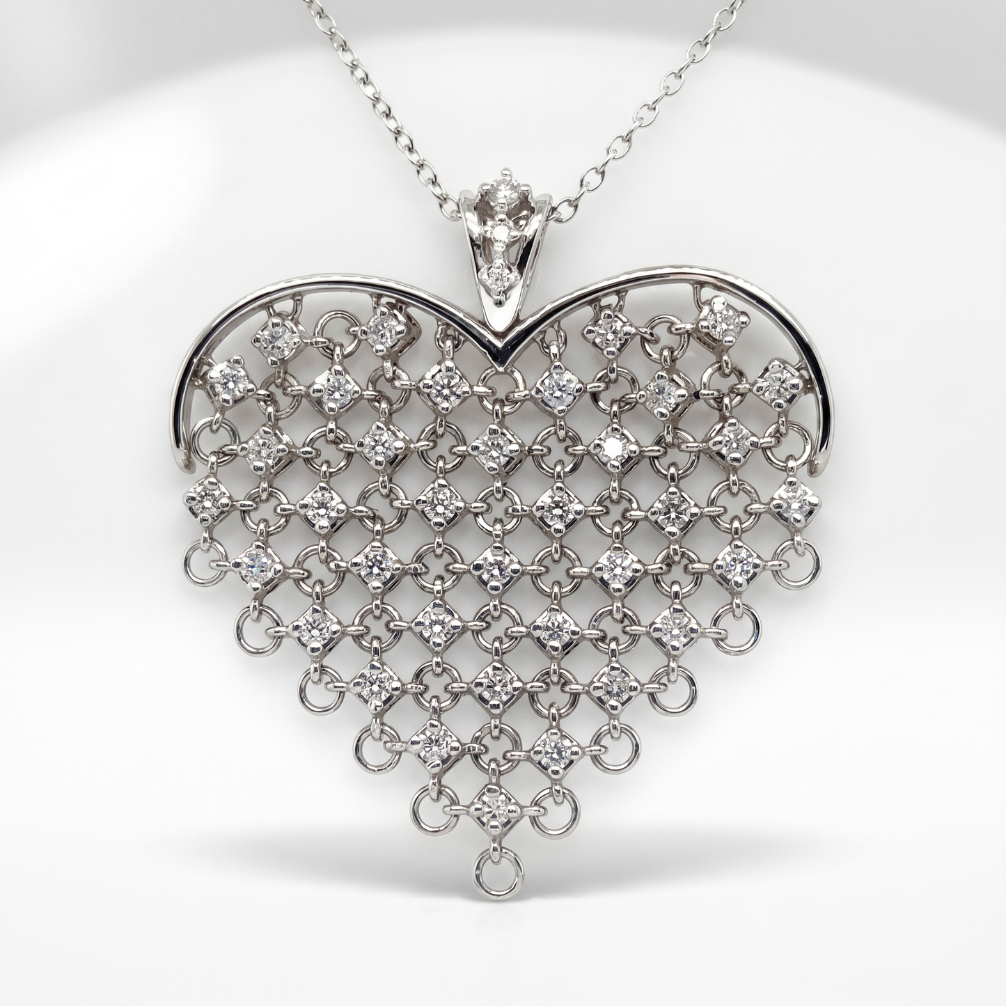 14K White Gold Chainmail Heart Diamond Pendant 1.33ctw