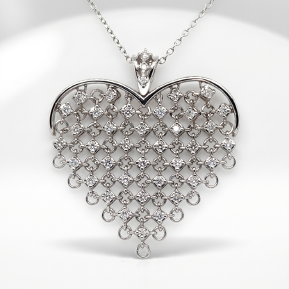 14K White Gold Chainmail Heart Diamond Pendant 1.33ctw