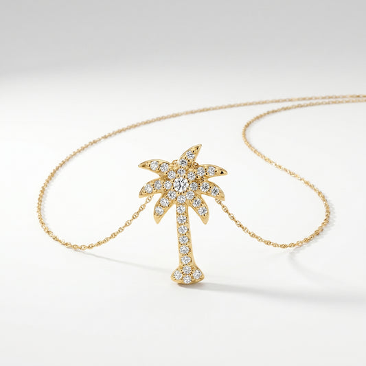 14K Gold Diamond Palm Tree Pendant - 0.36ctw Natural Diamonds