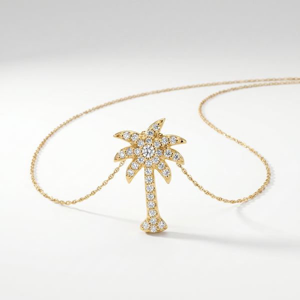 14K Gold Diamond Palm Tree Pendant - 0.36ctw Natural Diamonds