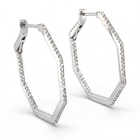 14K White Gold Octagon Diamond Inside Out Hoop Earrings 0.28ctw