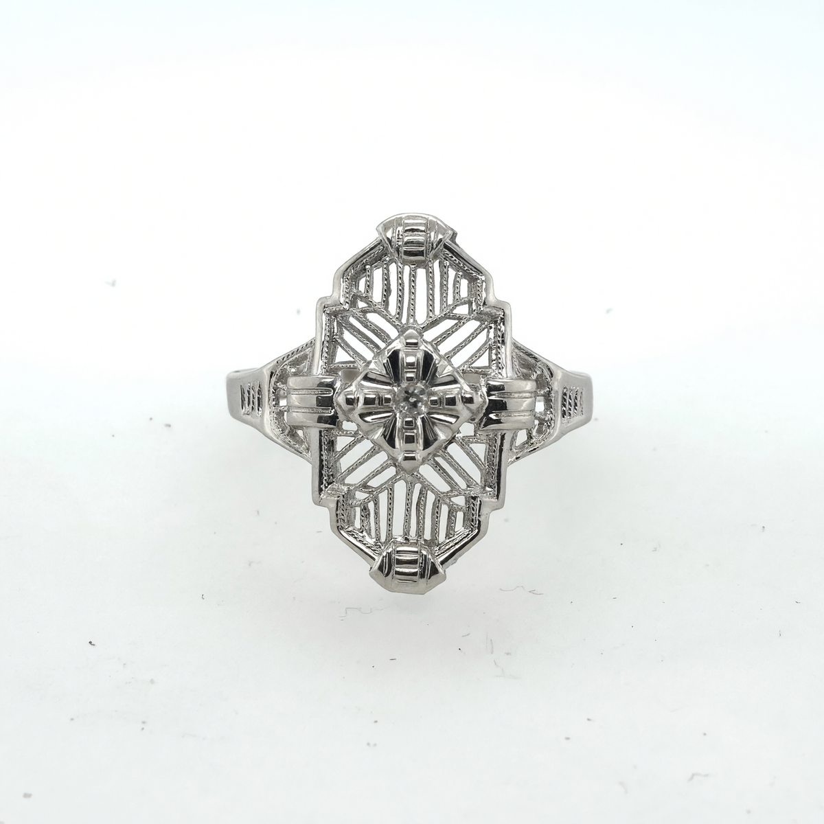 14K White Gold Antique Filigree Diamond Solitaire Ring