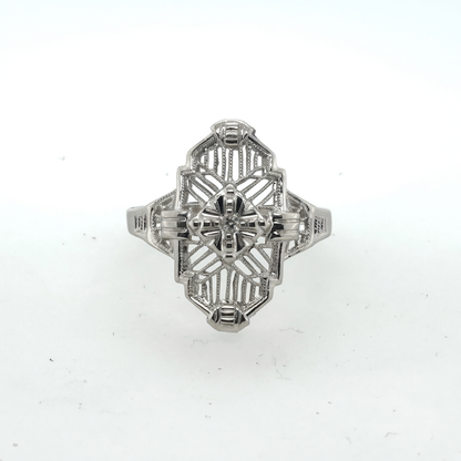14K White Gold Antique Filigree Diamond Solitaire Ring