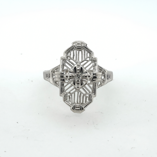 14K White Gold Antique Filigree Diamond Solitaire Ring