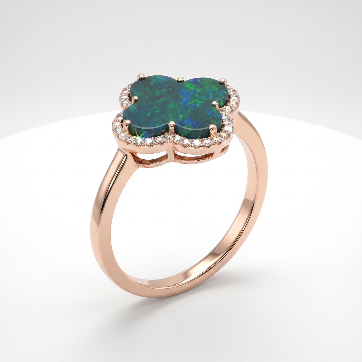 14K Rose Gold Opal Doublet & Diamond Clover Ring Size 6.5