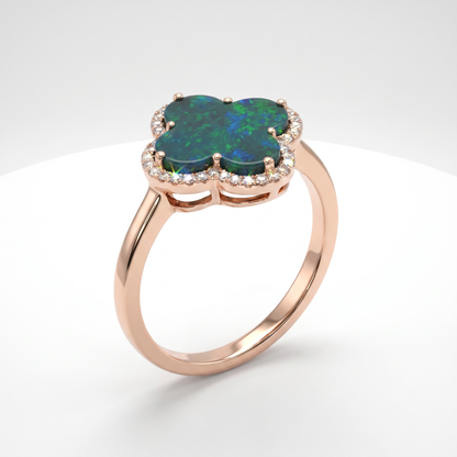 14K Rose Gold Opal Doublet & Diamond Clover Ring Size 6.5