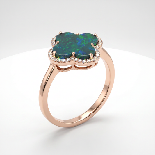 14K Rose Gold Opal Doublet & Diamond Clover Ring Size 6.5