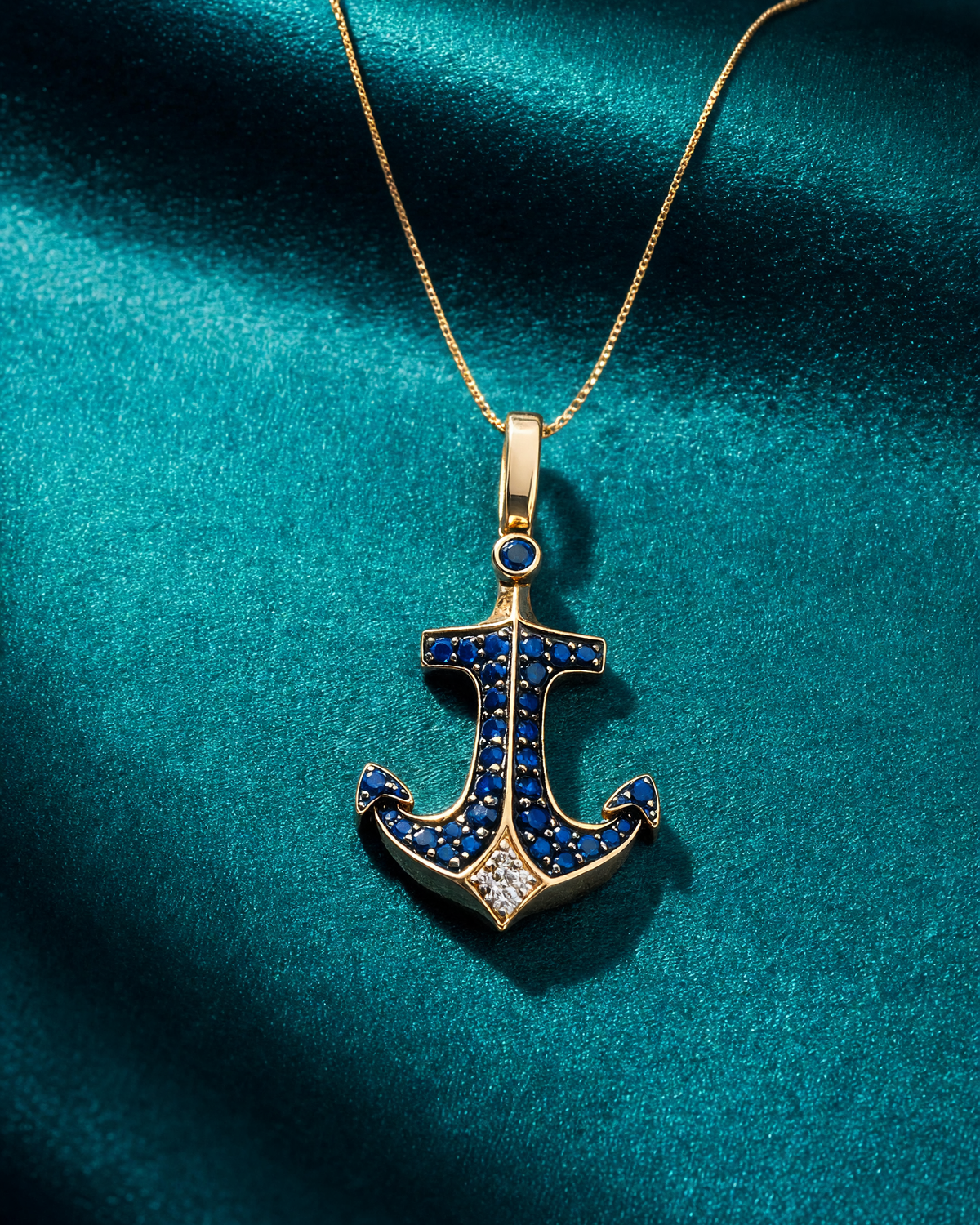 14K Yellow Gold EFFY Sapphire Diamond Anchor Pendant