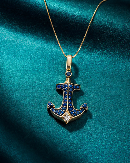 14K Yellow Gold EFFY Sapphire Diamond Anchor Pendant