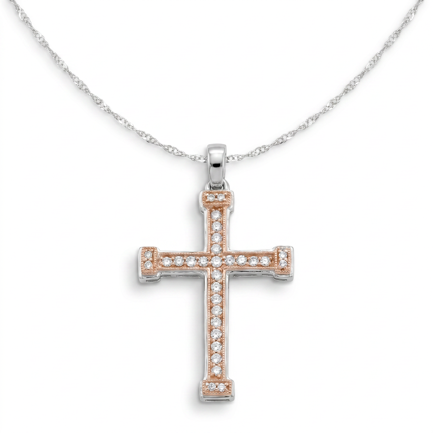 14K White & Rose Gold Diamond Cross Pendant with 18" Chain