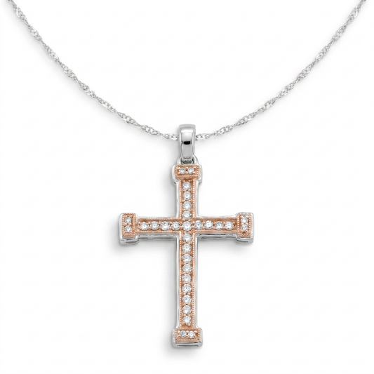 14K White & Rose Gold Diamond Cross Pendant with 18" Chain