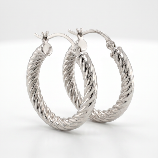 14K White Gold Ribbed Tube Hoop Earrings - 20mm