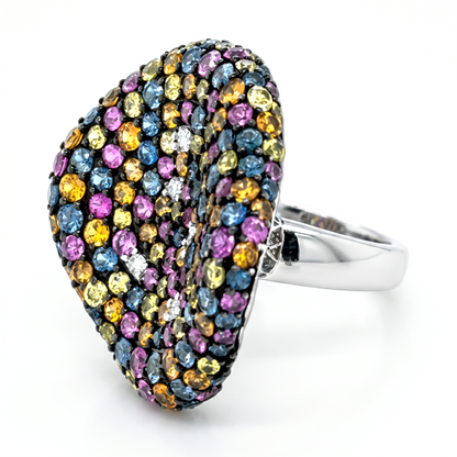 14K White Gold Multi-Color Sapphire & Diamond Statement Ring