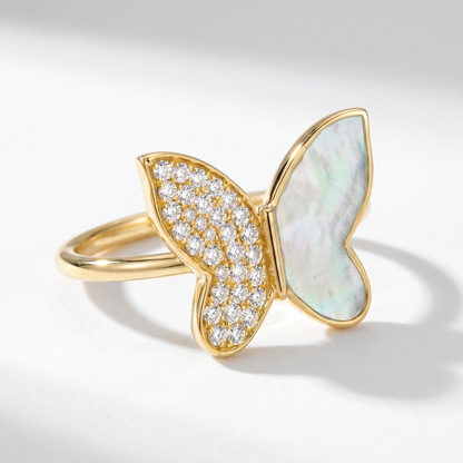 14K Yellow Gold Diamond & Mother of Pearl Butterfly Ring